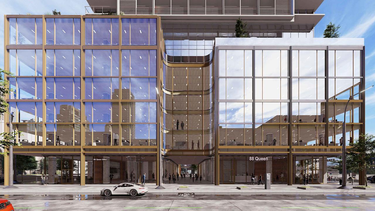 Exterior rendering of 88 Queen Condos podium at street-level.