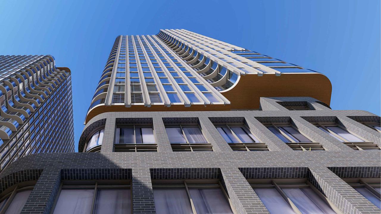 Exterior rendering of 88 Queen Condos from street-level looking up.
