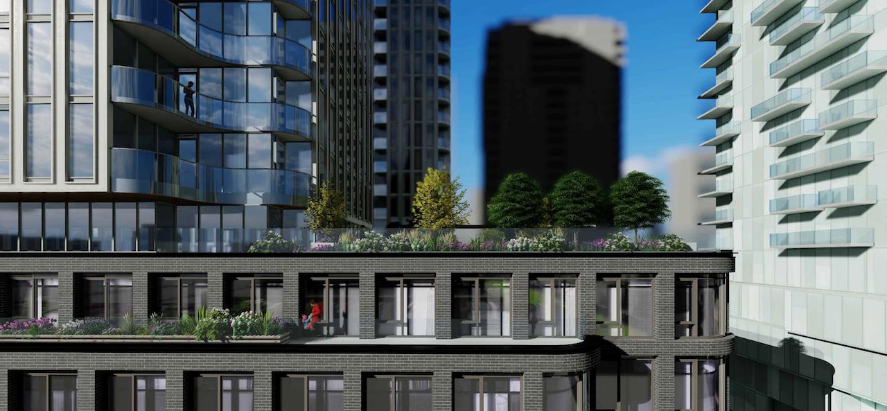Exterior rendering of 88 Queen Condos terrace with lush greenery.