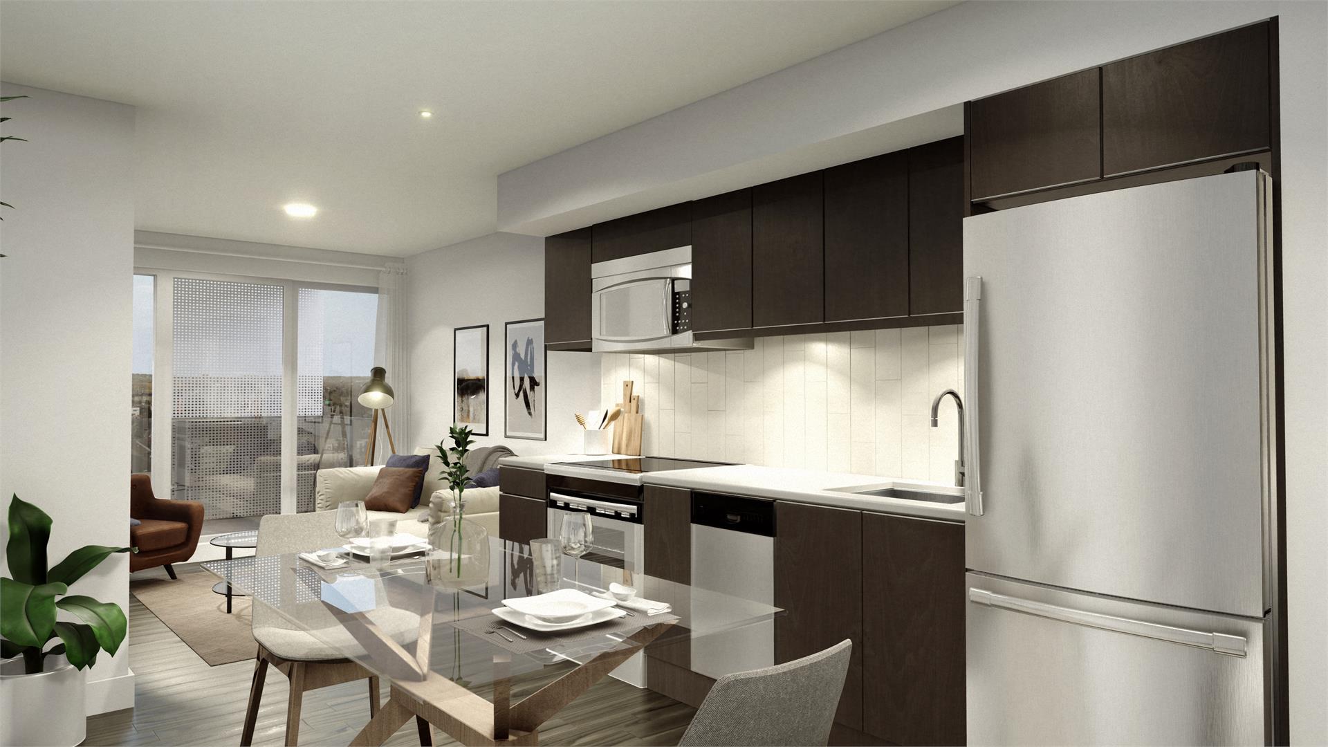 Rendering of Era Condos suite interior kitchen and living room area.