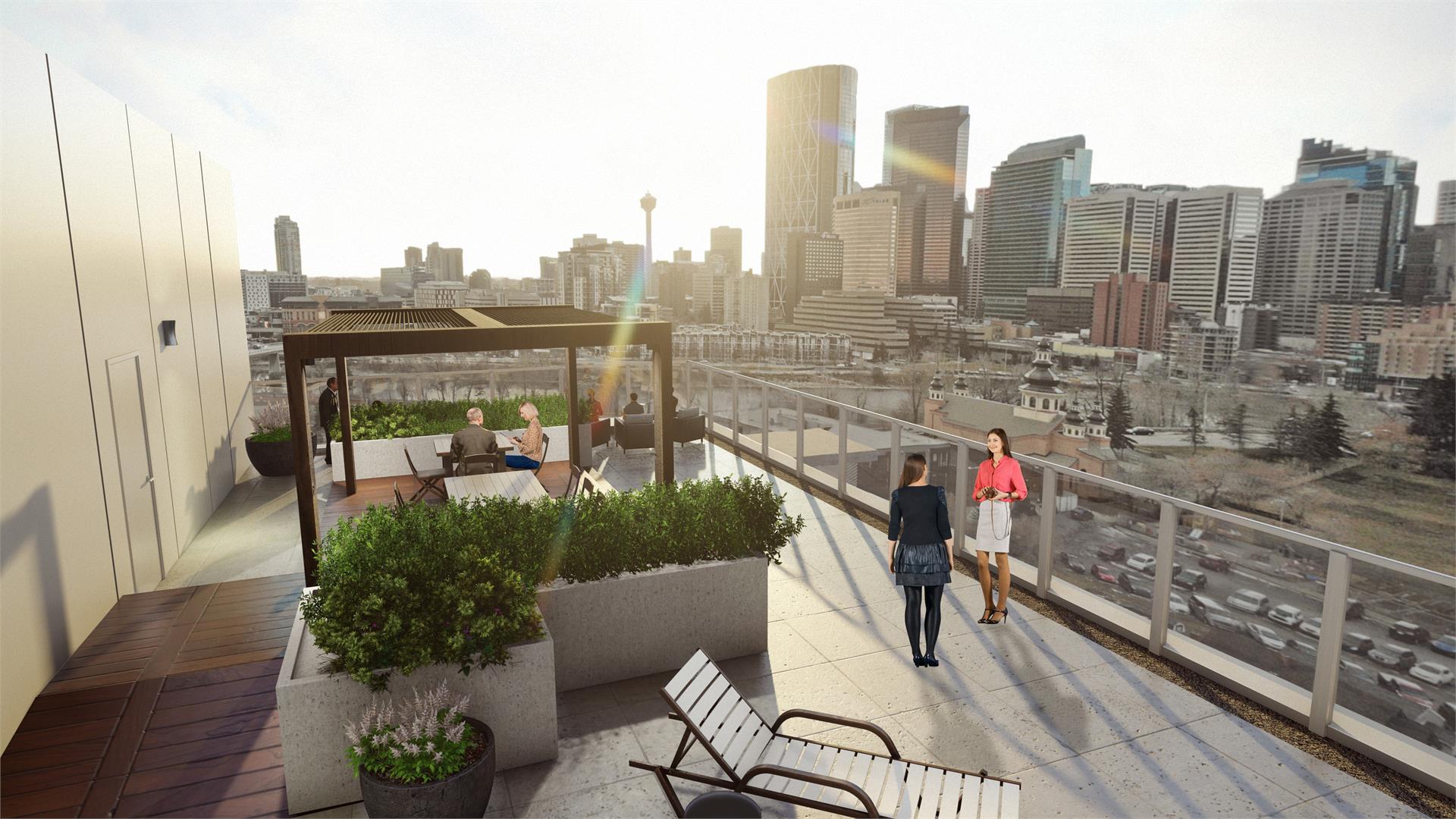 Rendering of Era Condos rooftop terrace with seating and lounge chairs.
