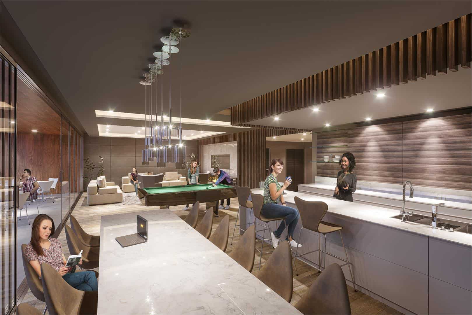 Rendering of THEO Condos Danforth Toronto party room.