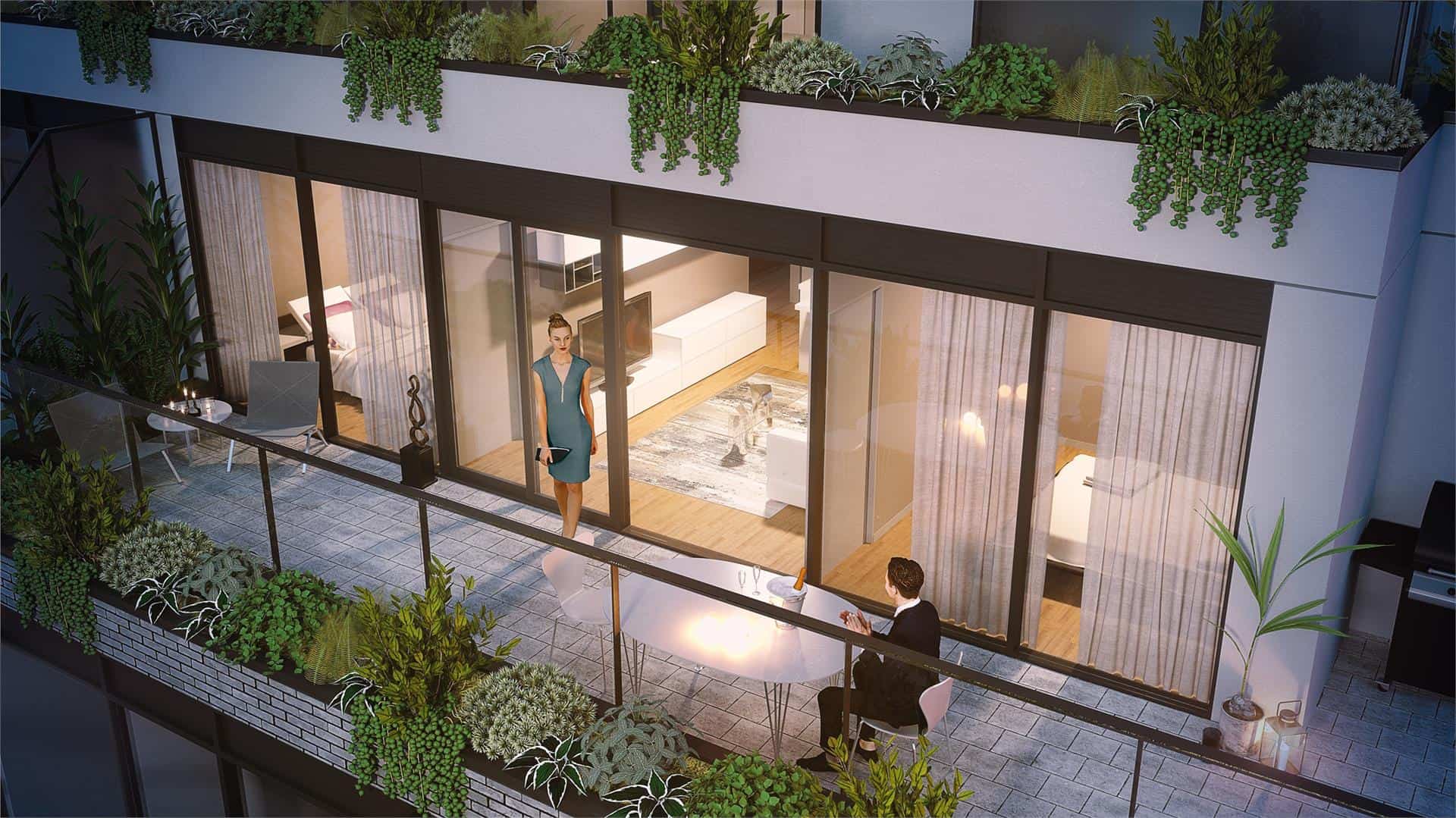 Rendering of THEO Condos Danforth Toronto suite balcony.