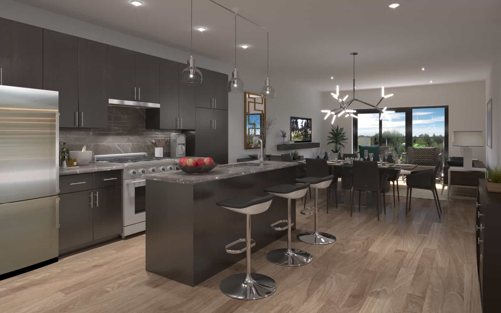 Interior rendering of 8 Haus Boutique condo unit kitchen and dining area.