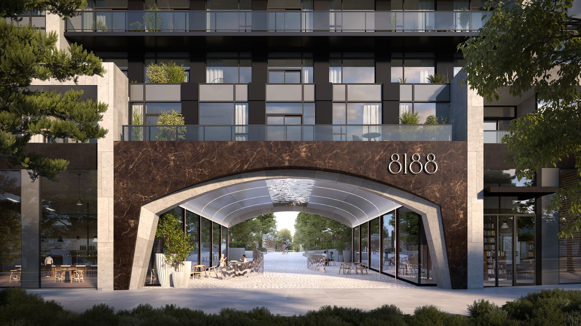 Rendering of 8188 Yonge Condos pedestrian walkway and condo entrance.