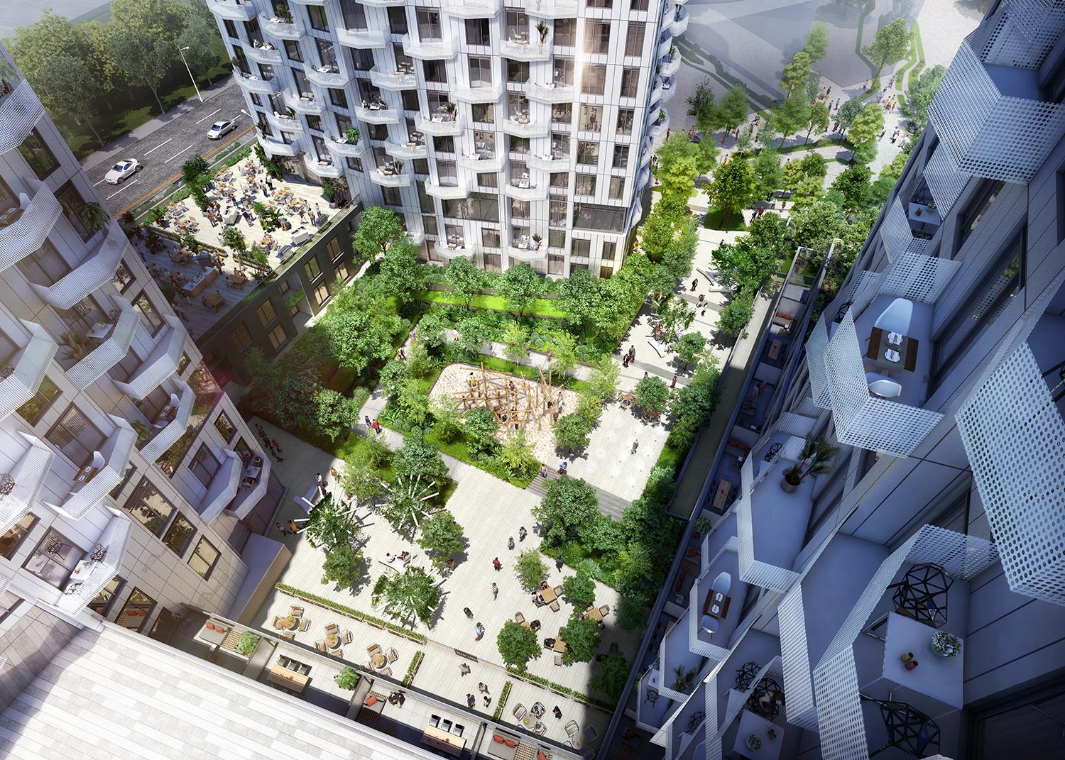 Aerial rendering of Abeja District Condos with center courtyard and playground.