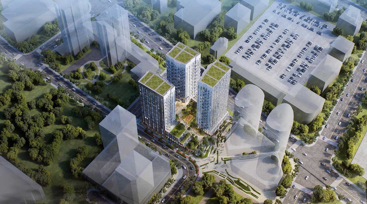 Aerial rendering of Abeja District Condos incomplete.