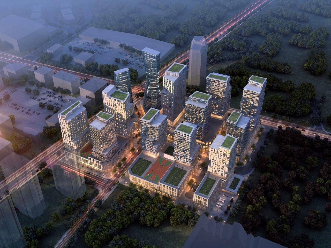 Aerial rendering of Abeja District Condo Community at night.