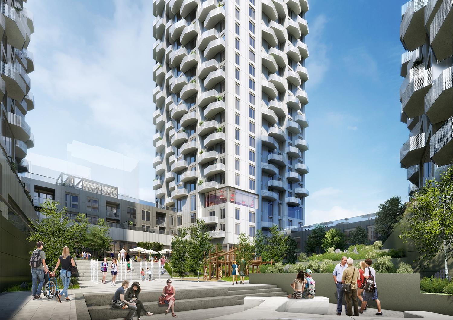 Rendering of Abeja District Condos courtyard during the day.