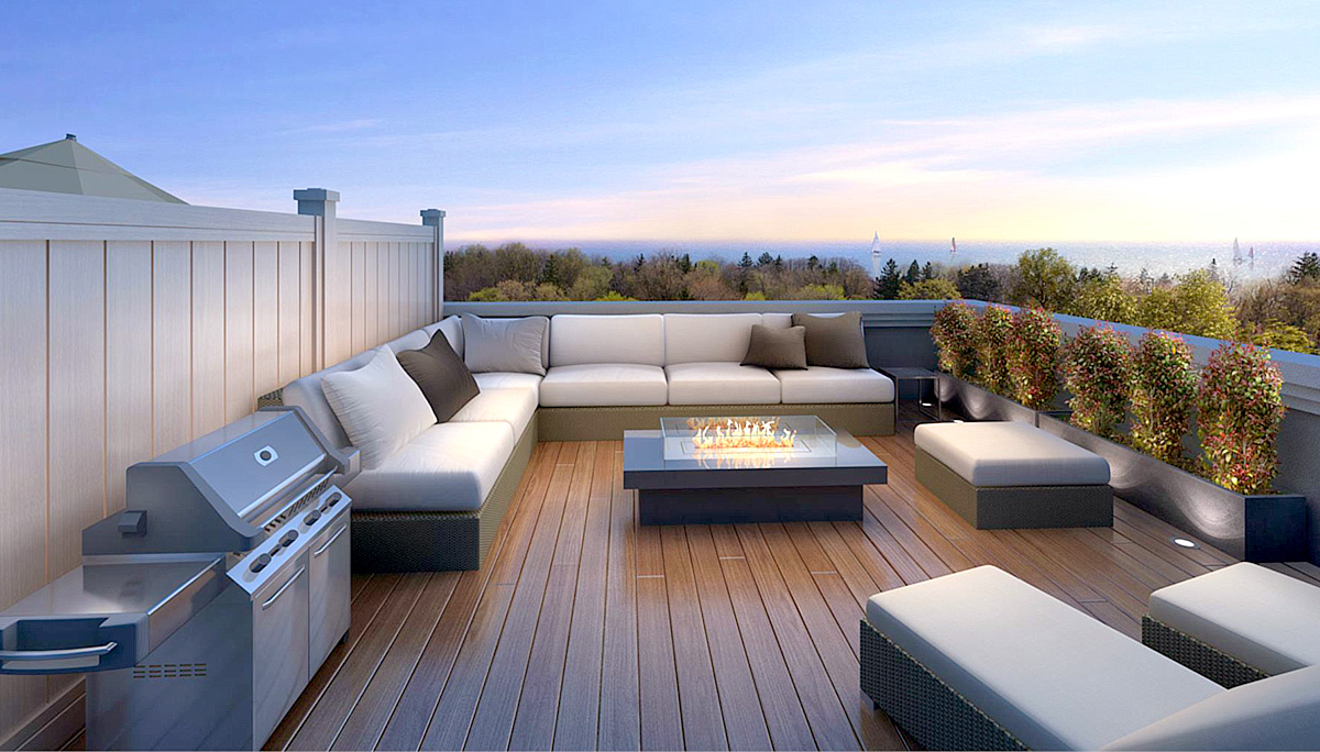 Rendering of Harbour Place Towns terrace at dusk.