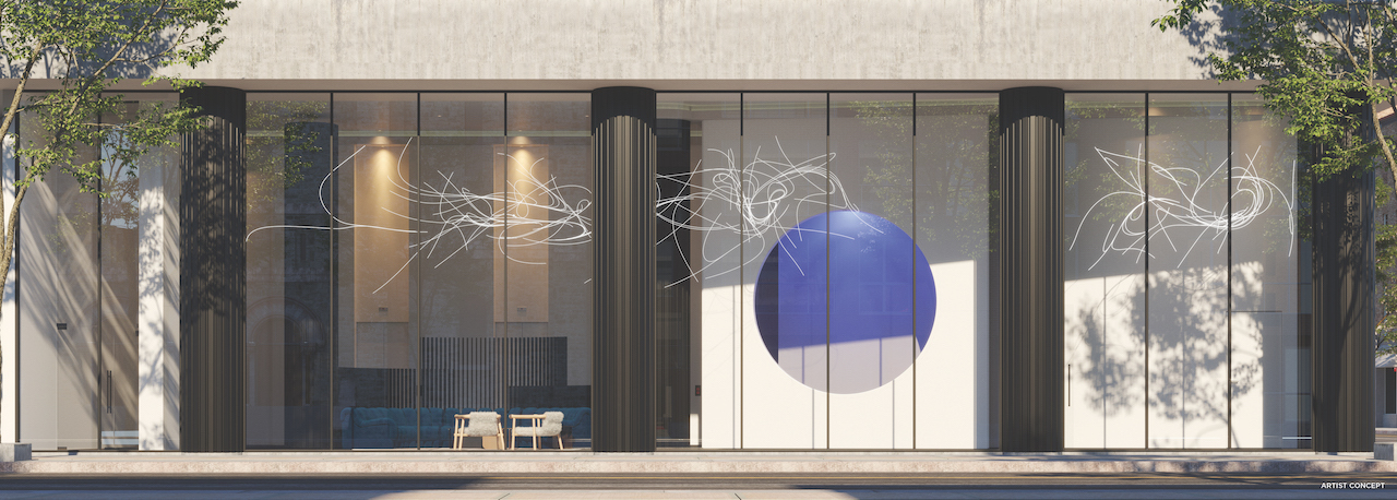Rendering of Artistry Condos building entrance and lobby from exterior view.