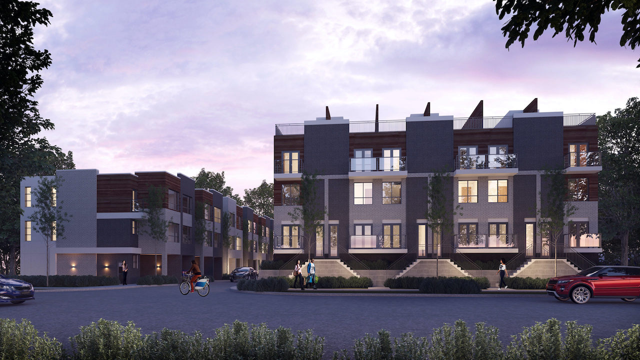 Rendering of Essa Towns exterior at dusk.