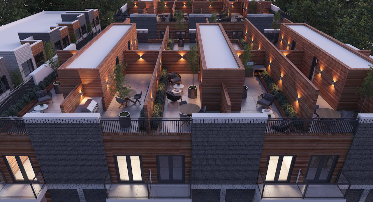 Rendering of Essa Towns private rooftops at night.