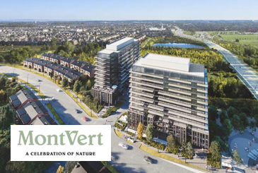Rendering of MontVert condos with logo overlay.