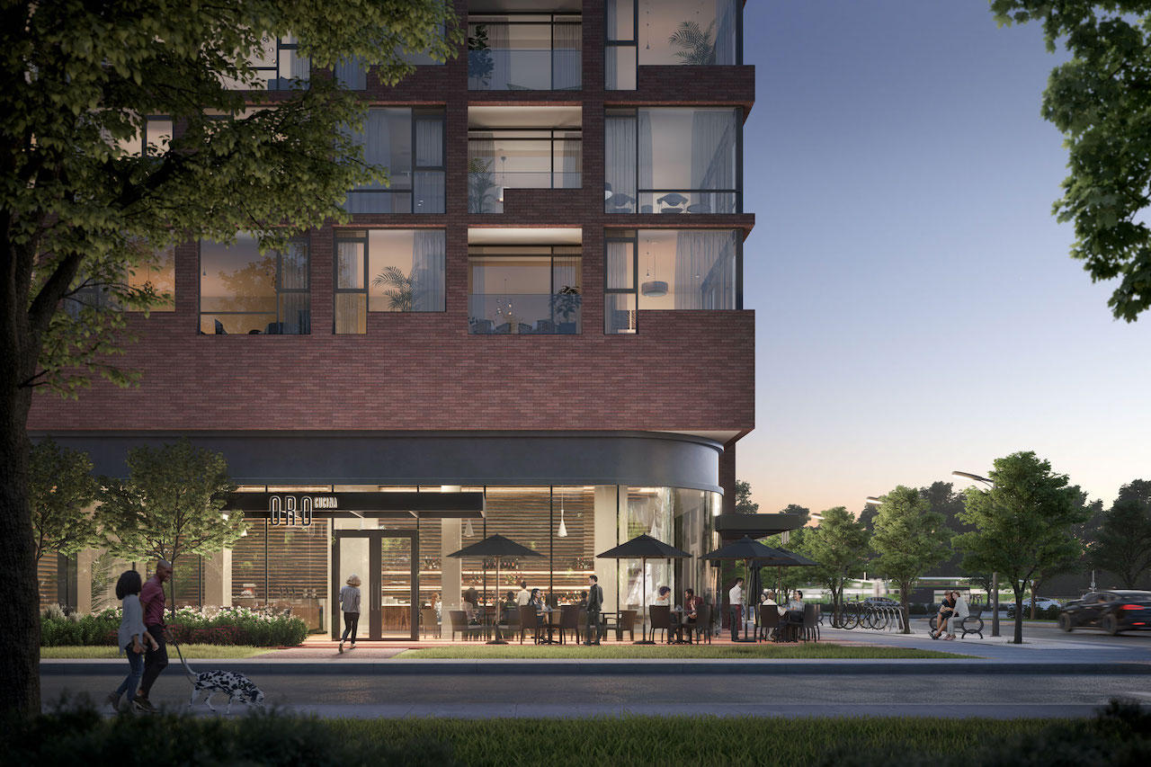 Rendering of Westport Condos streetscape at night.