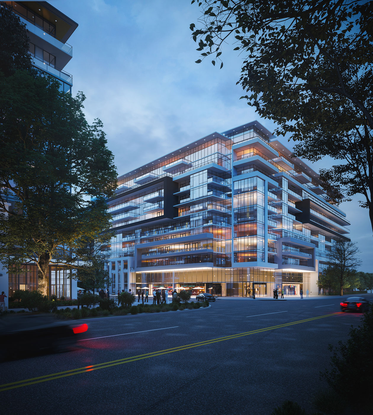 Rendering of Distrikt Trailside 2.0 Condos at night.