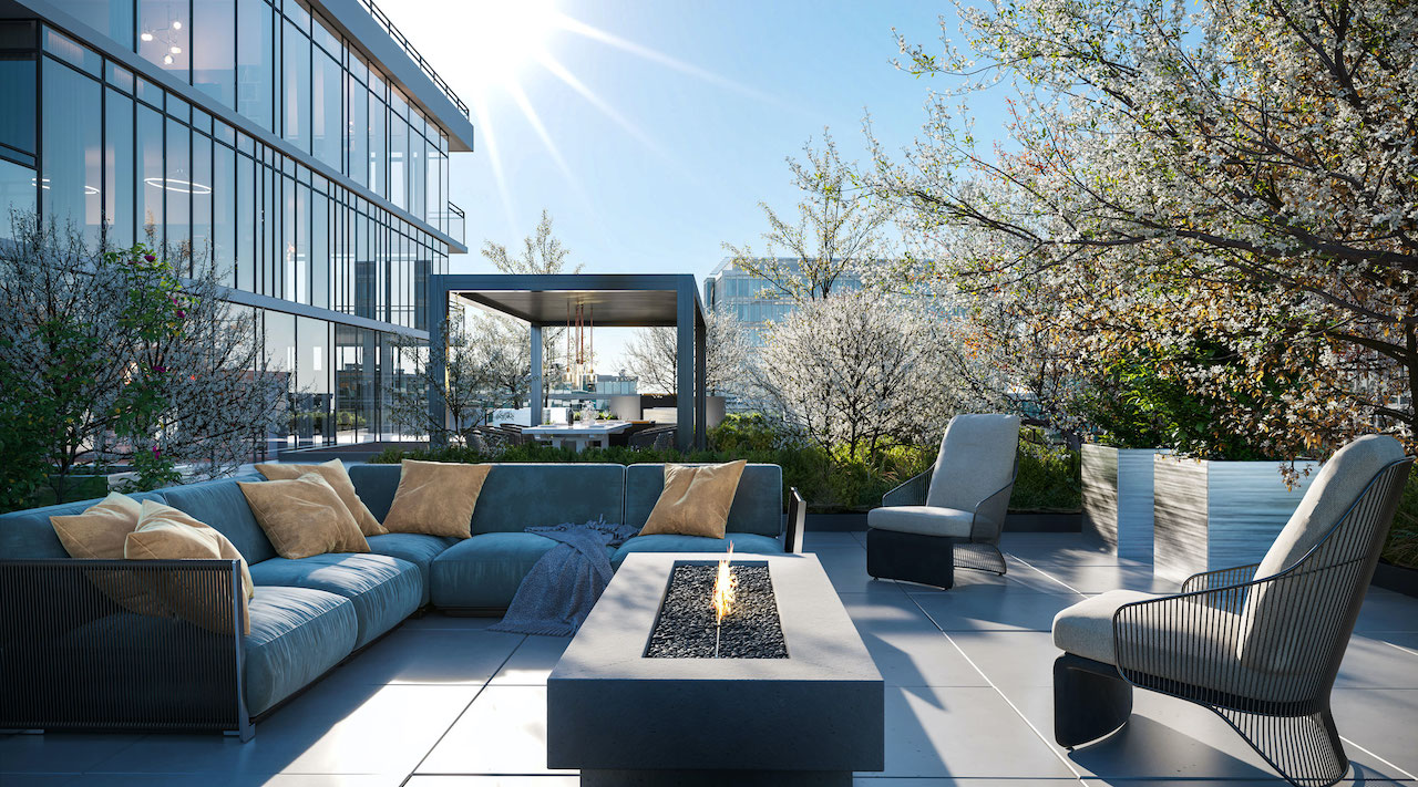 Rendering of Distrikt Trailside 2.0 Condos outdoor terrace.