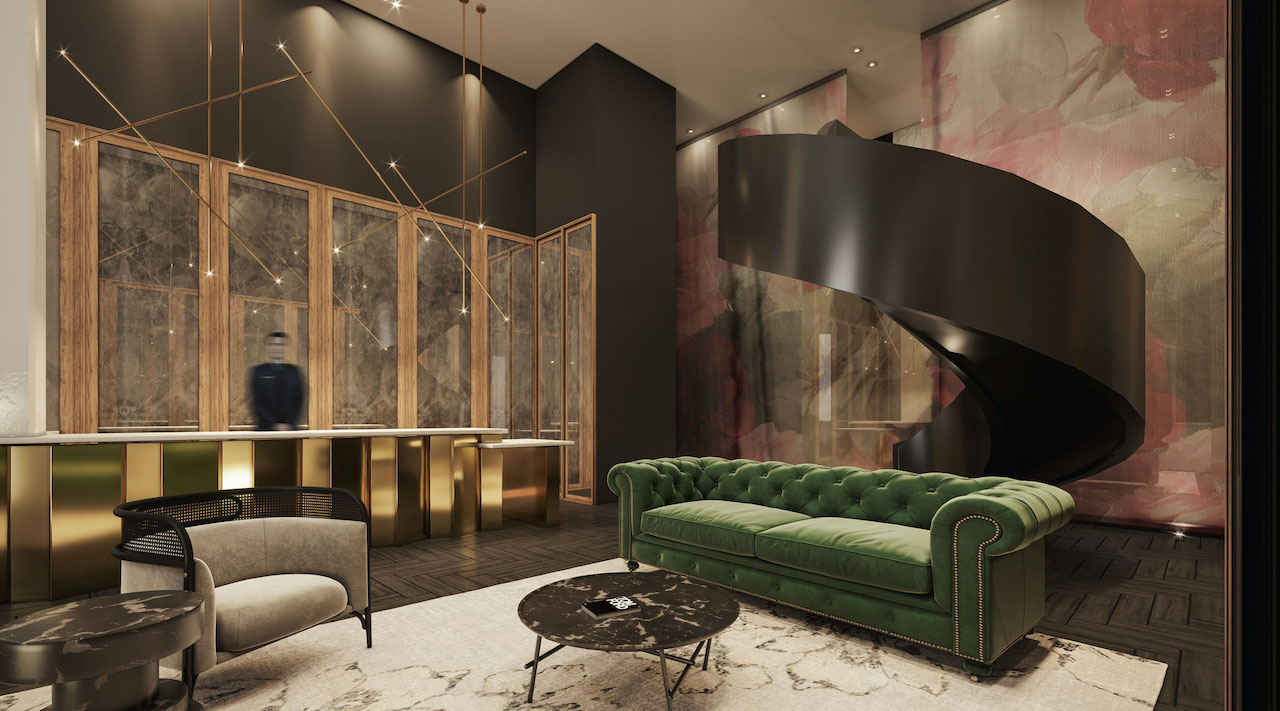 Rendering of Distrikt Trailside 2.0 Condos lounge.