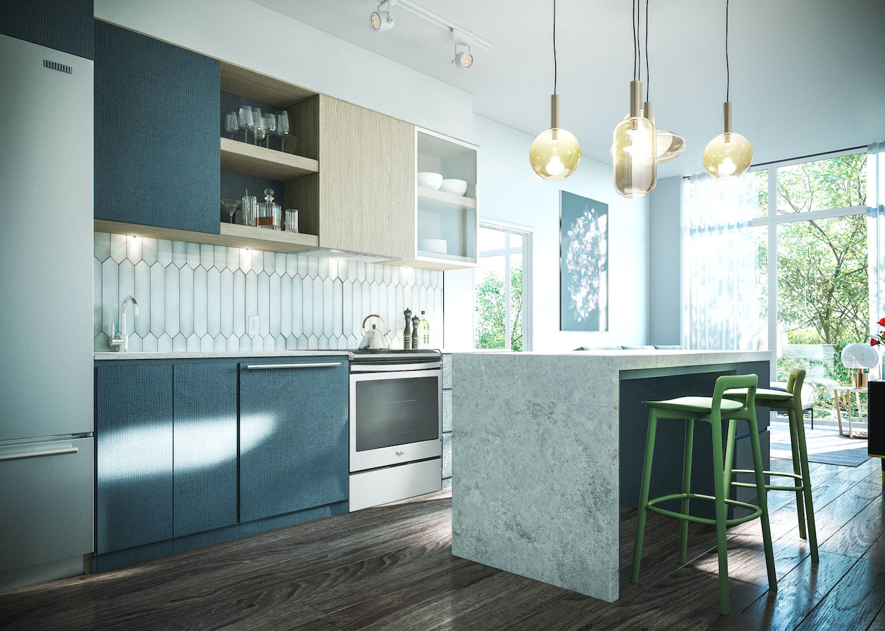 Rendering of Distrikt Trailside 2.0 Condos suite interior kitchen.