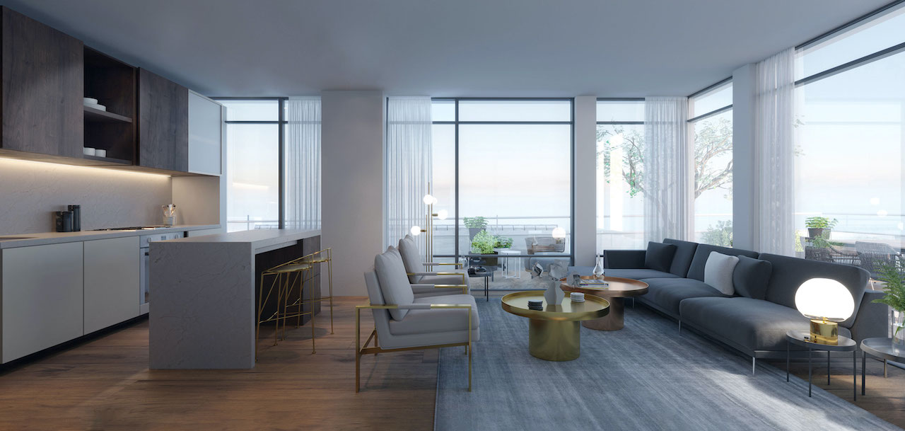 Rendering of Distrikt Trailside 2.0 Condos suite interior living room.