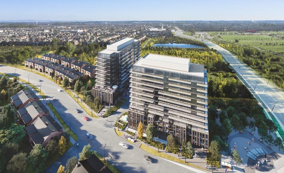 Rendering of MontVert Condos exterior aerial view.