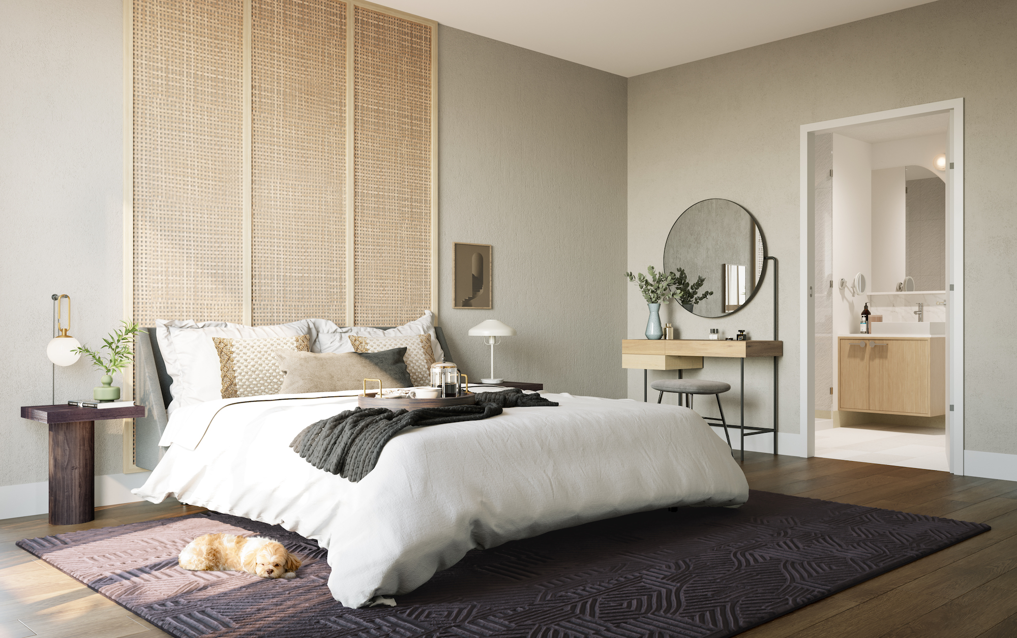 Rendering of The Tailor Queensway Residences suite bedroom.