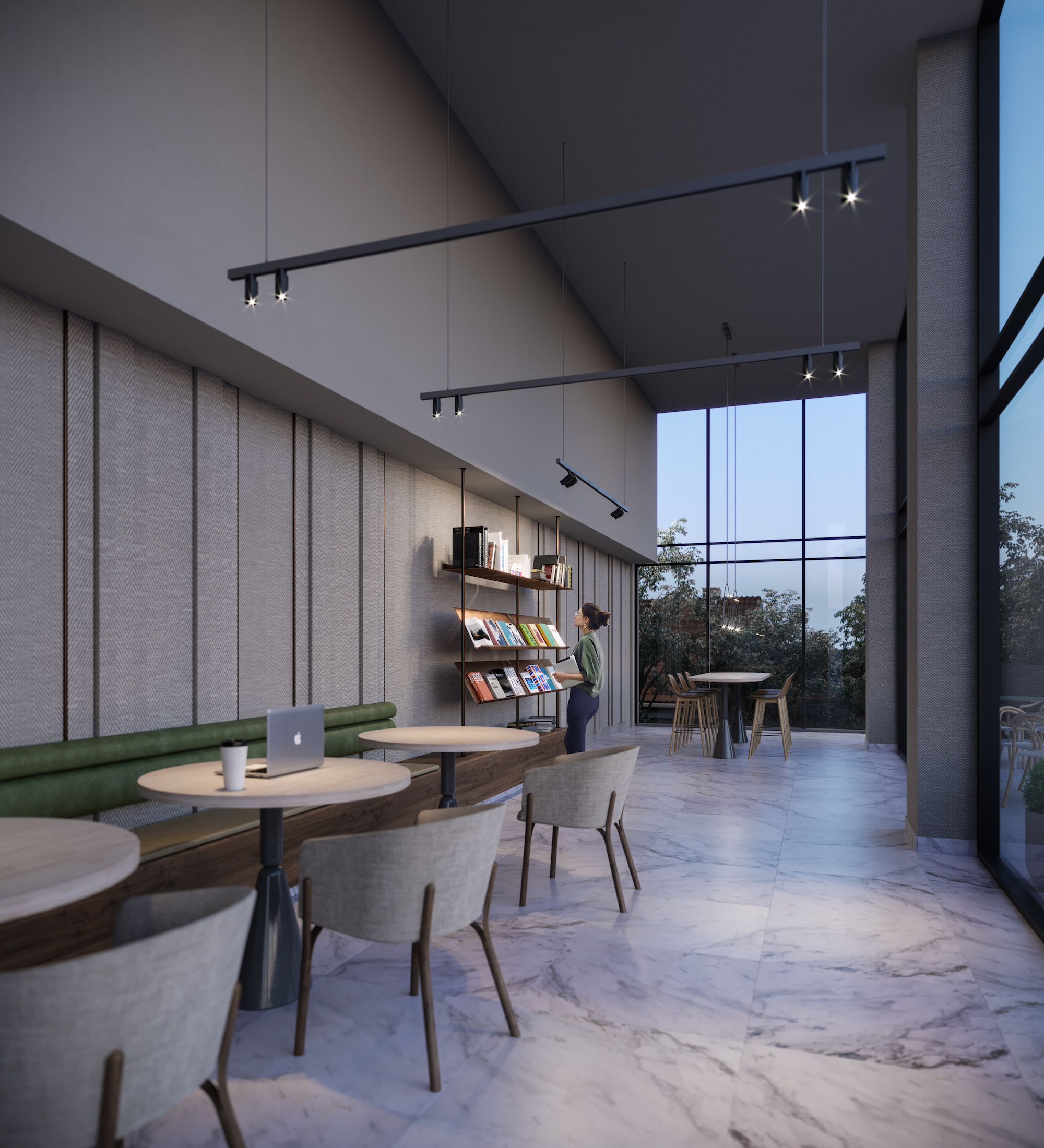 Rendering of The Tailor Queensway Residences library with seating.