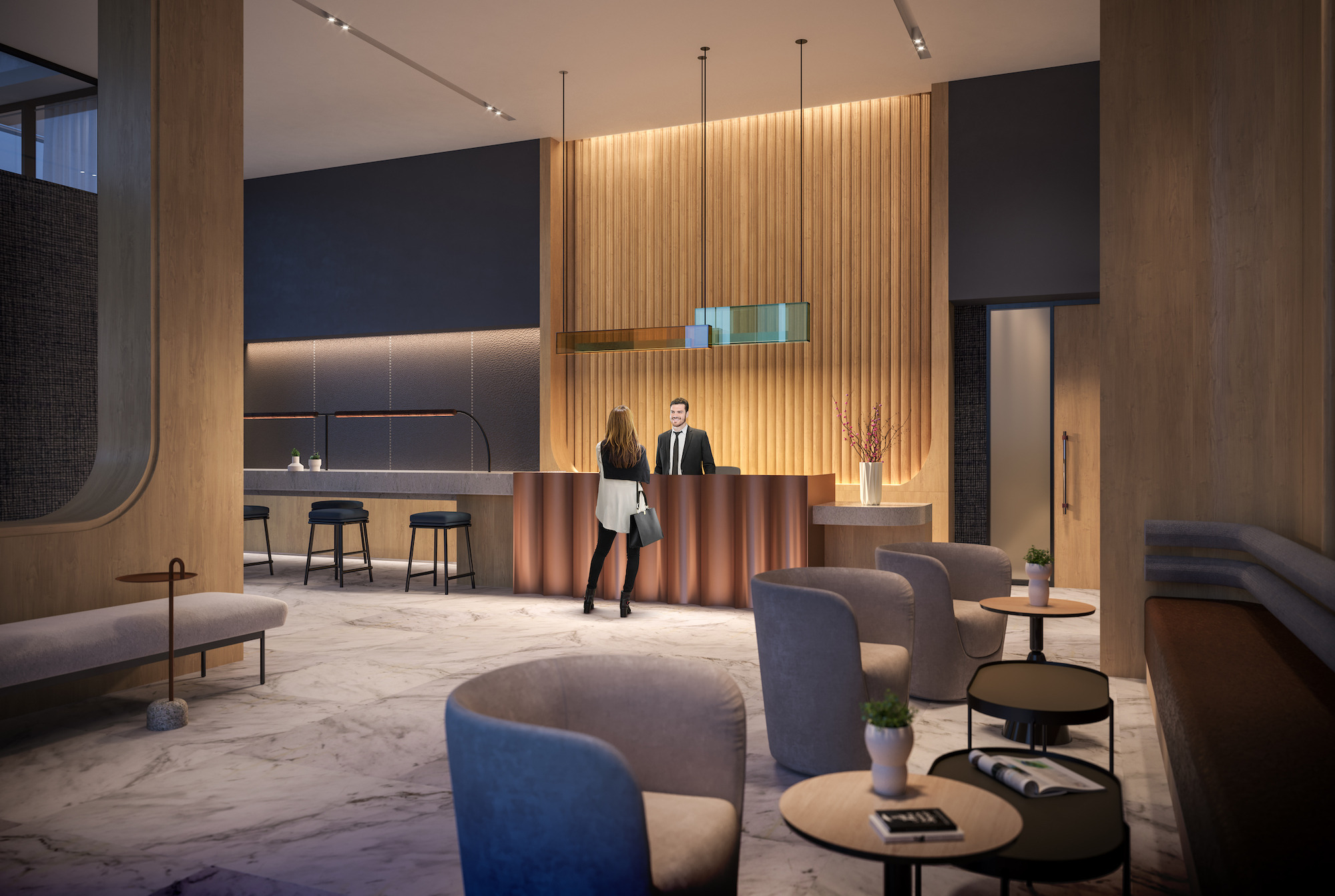 Rendering of The Tailor Queensway Residences lobby with concierge.
