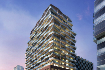Rendering of 663 King Street West Condos top half at dusk.