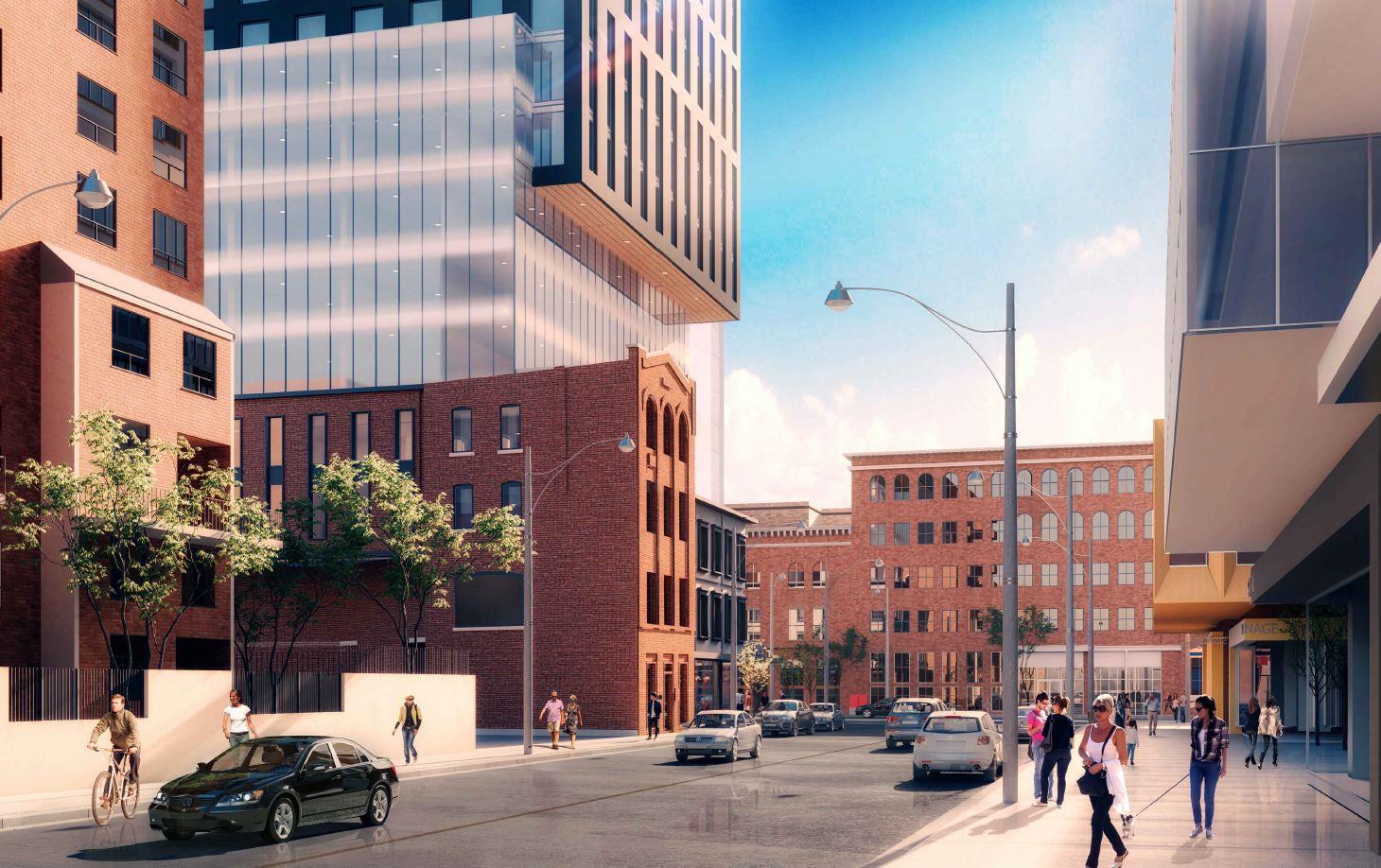 Podium rendering of 90 Queen Street East Condos.