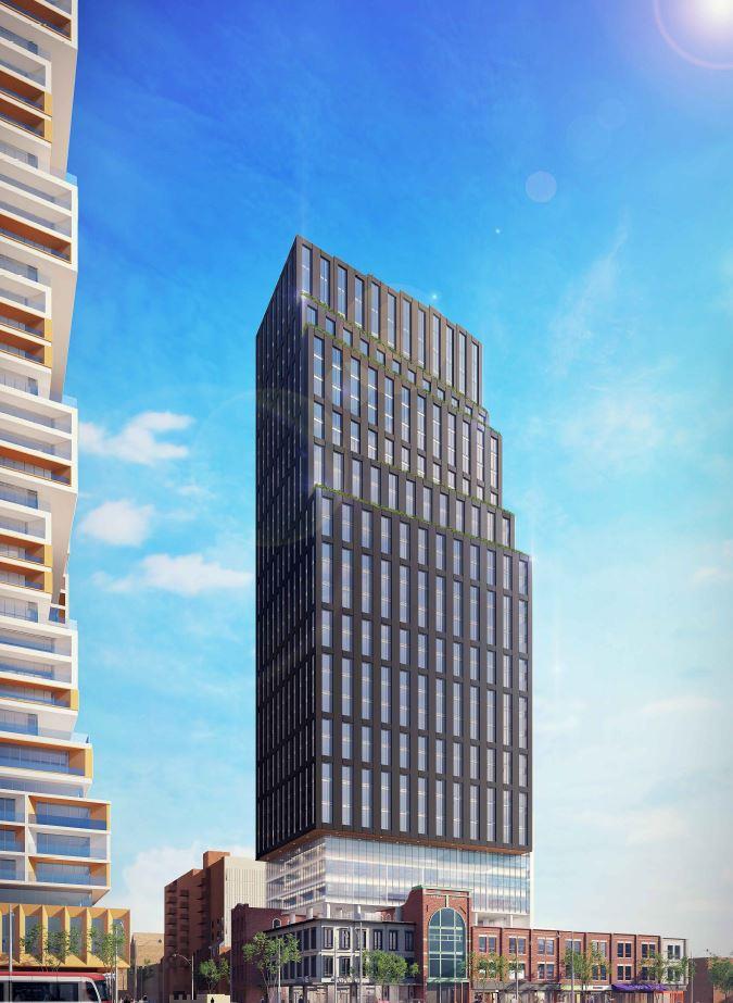 Full exterior rendering of 90 Queen Street East Condos.