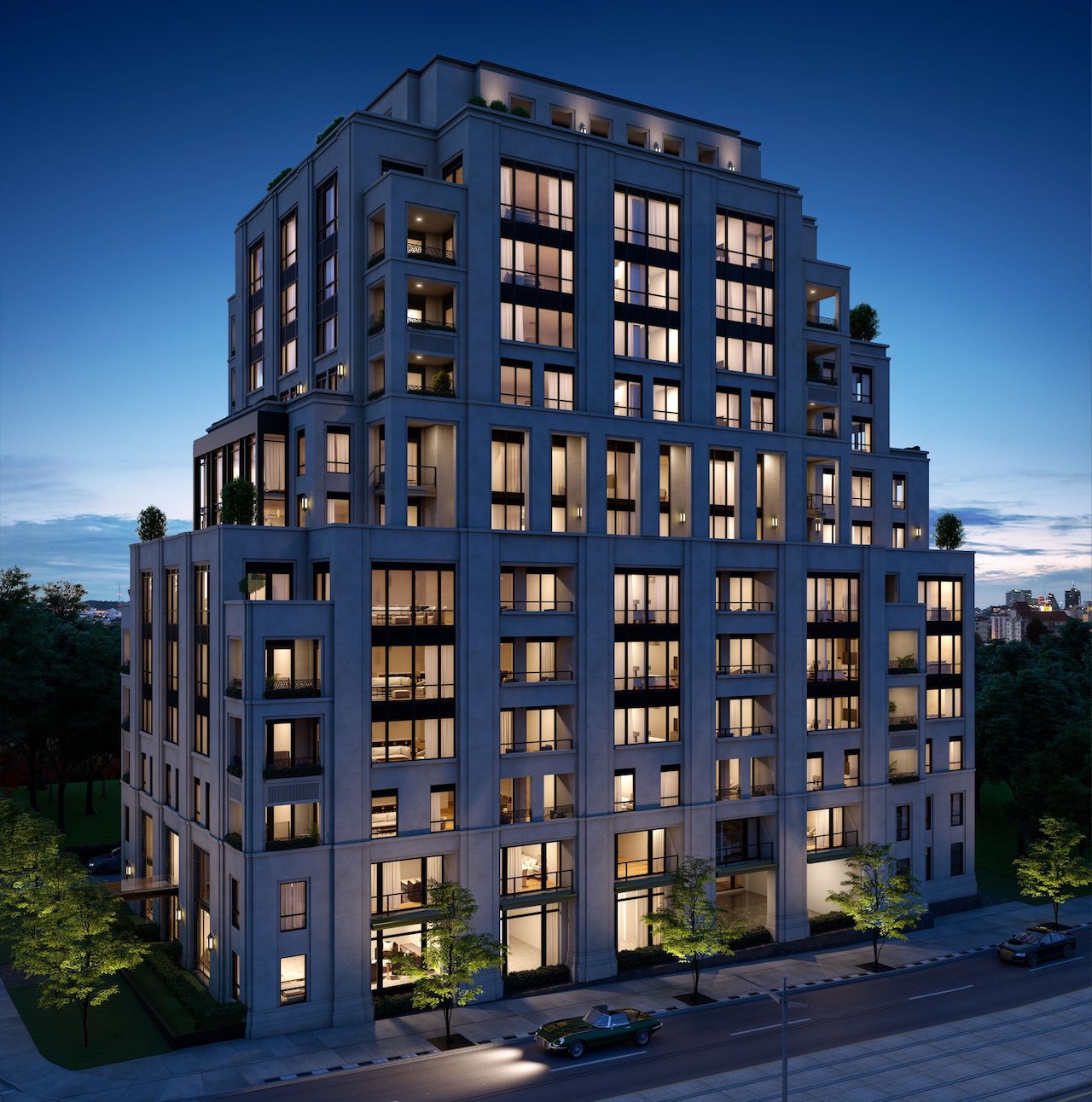 Exterior rendering of One Forest Hill Condos at night.