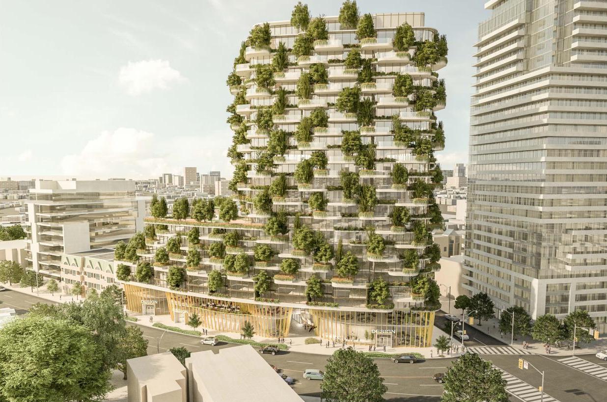 Full side rendering of Designers Walk Condos during the day.