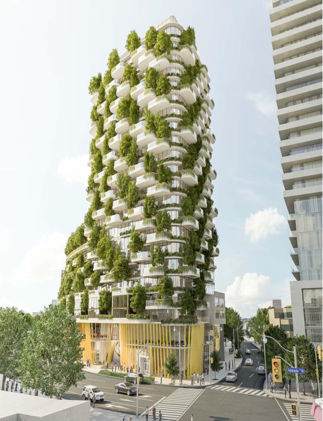 Full front rendering of Designers Walk Condos during the day.