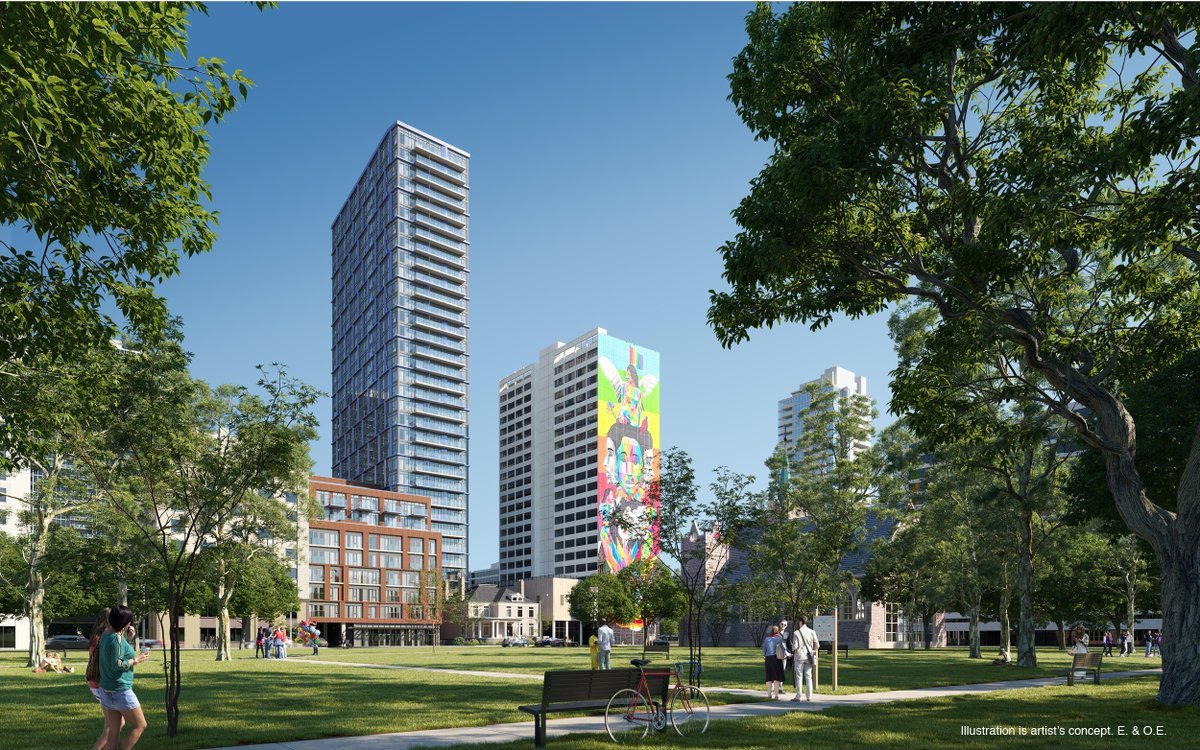 Rendering of JAC Condos and nearby park in Toronto.