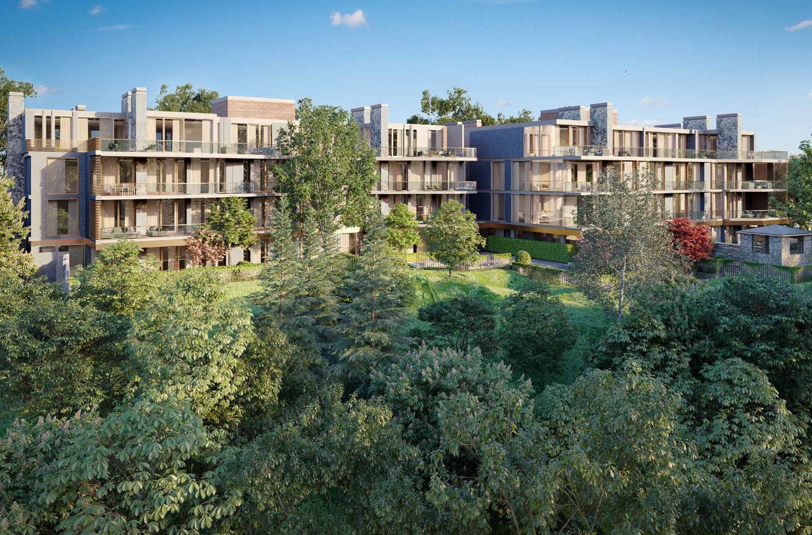 Rendering of No. 7 Rosedale Condos exterior aerial with ravine.
