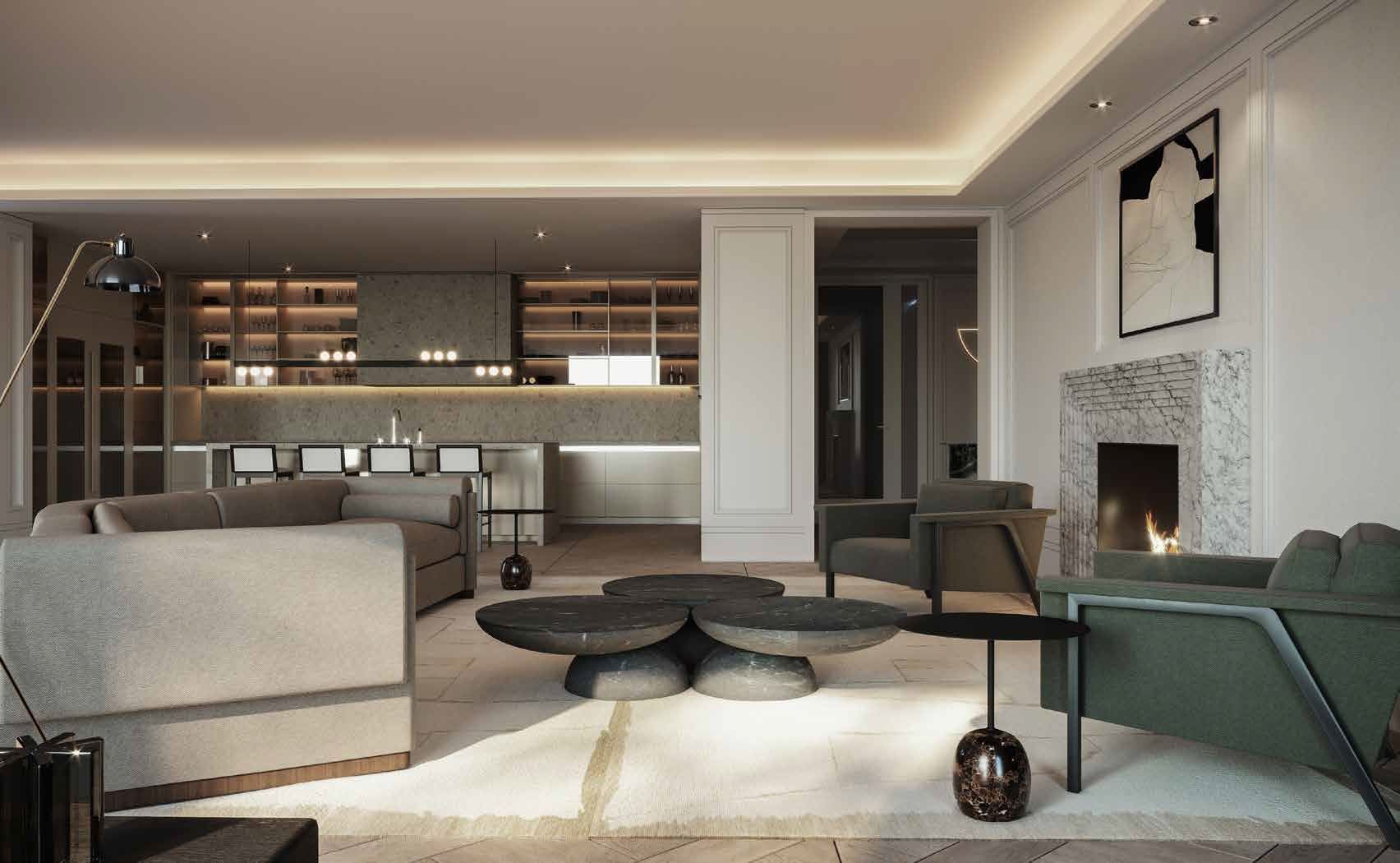 Rendering of No. 7 Rosedale Condos interior suite living room.