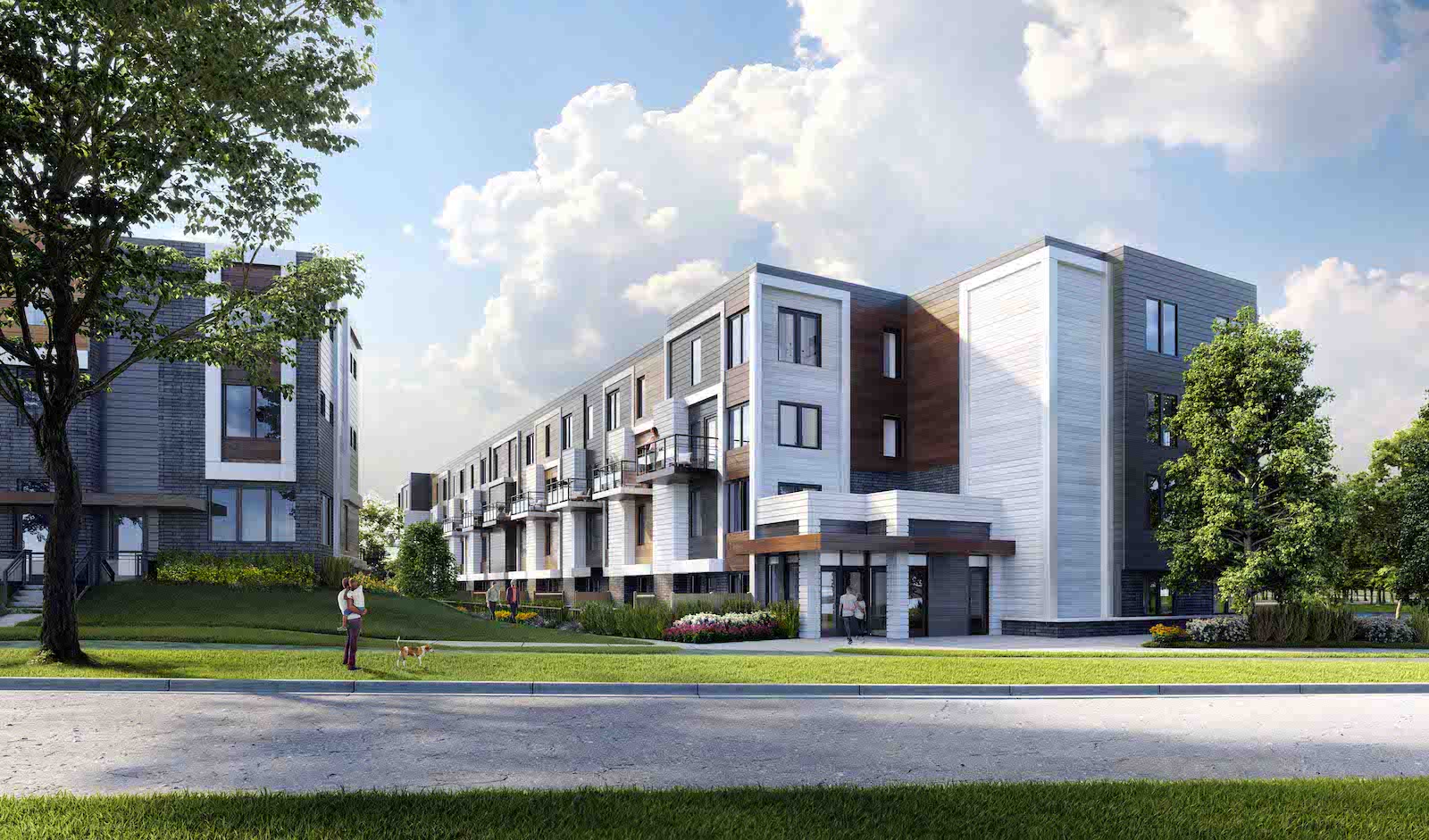 Exterior rendering of Parkside Towns at Saturday with roadside and walkway.