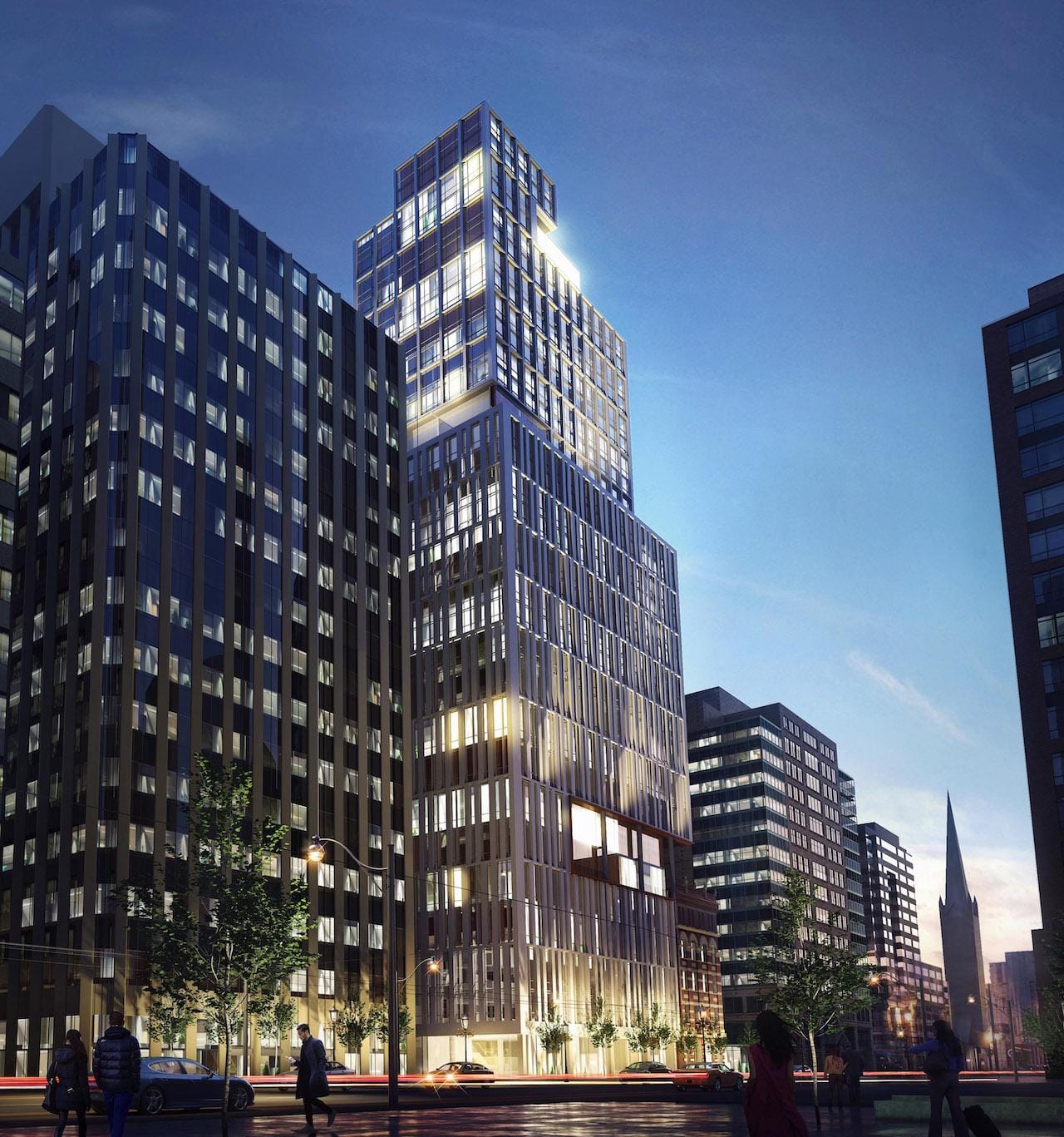 Full exterior rendering of 34 King Street East Condos at night.