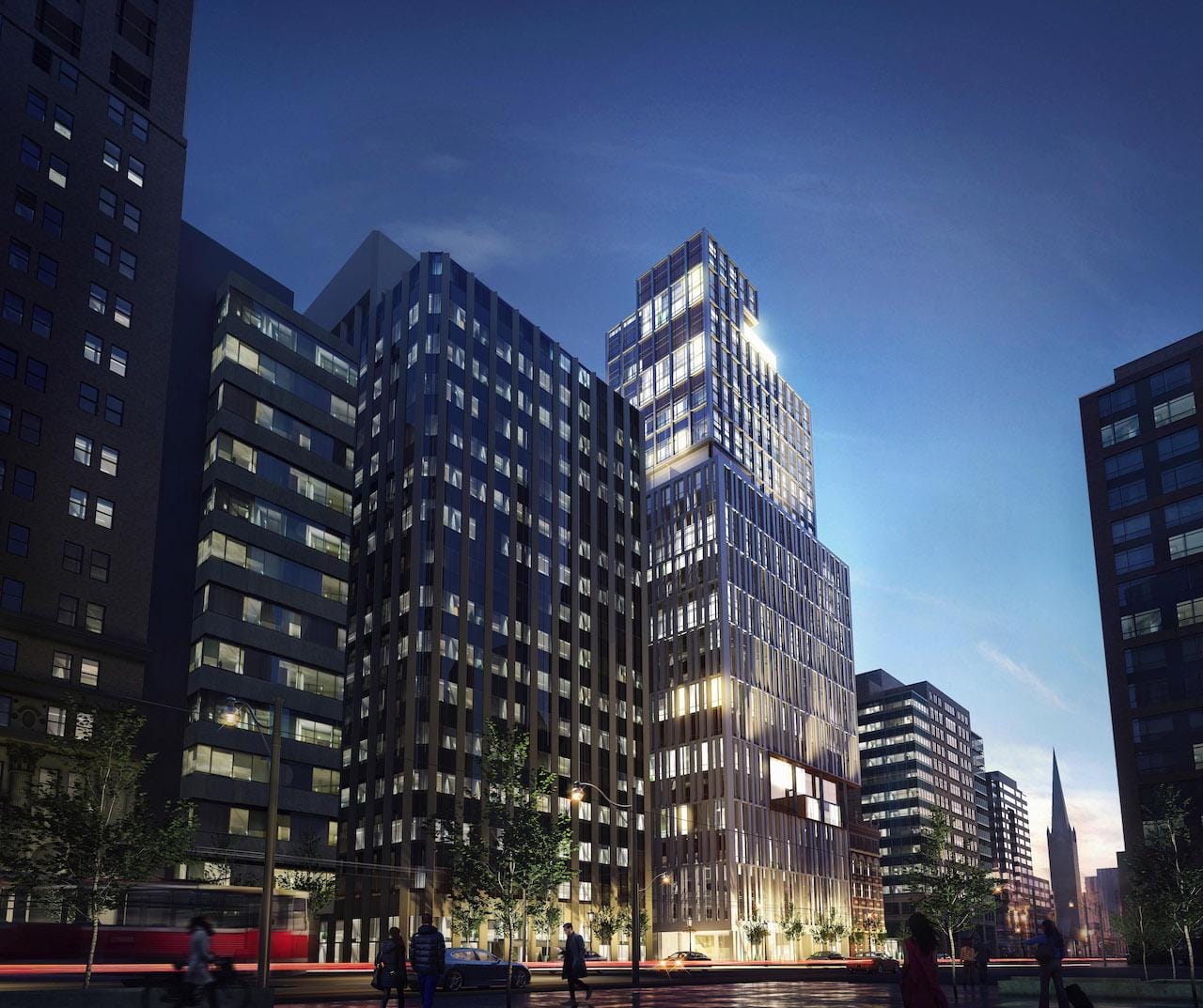 Full exterior rendering of 34 King Street East Condos and surrounding street area.
