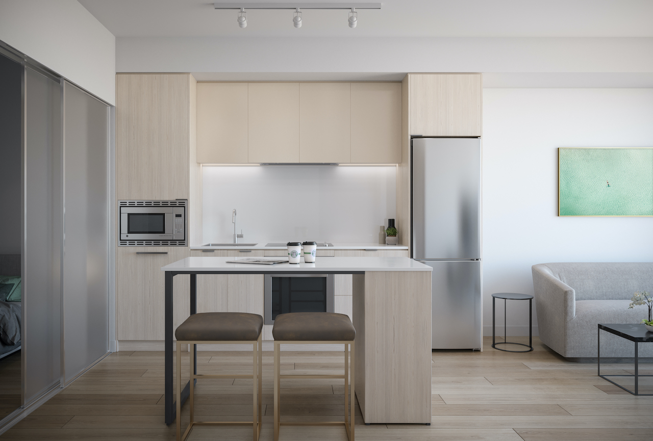 Rendering of ARTFORM Condos suite interior kitchen light.