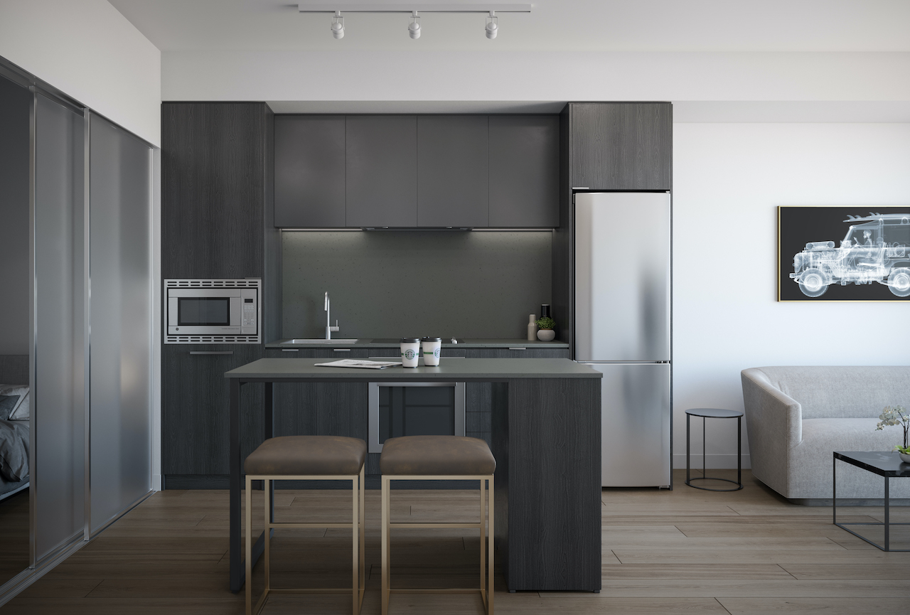 Rendering of ARTFORM Condos interior suite kitchen dark.