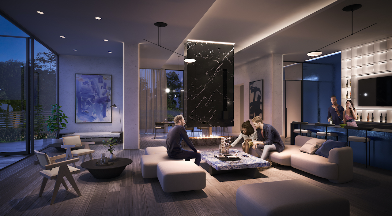 Rendering of ARTFORM Condos party room at night.