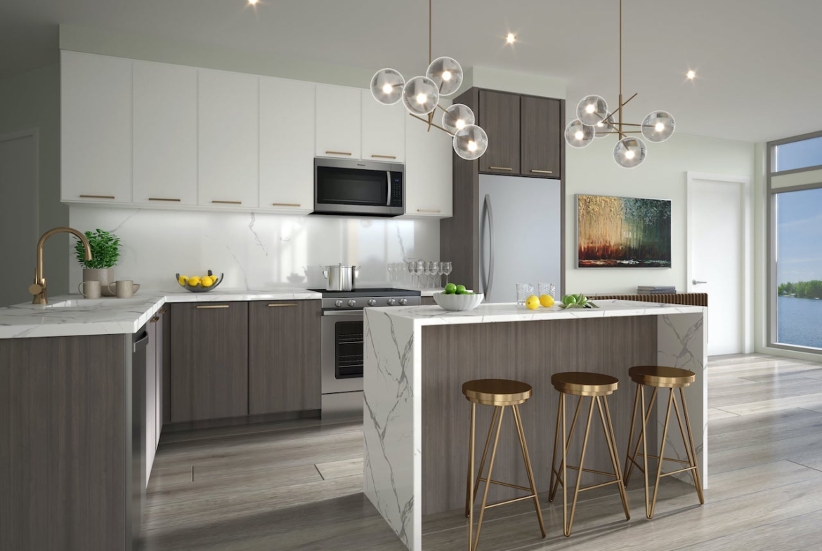Interior kitchen of rendering of Lakeside Muskoka Condos