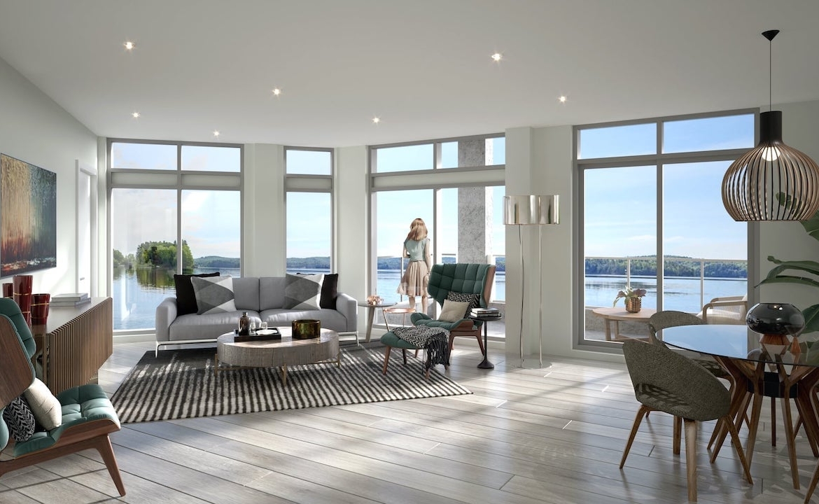 Interior living room of rendering of Lakeside Muskoka Condos