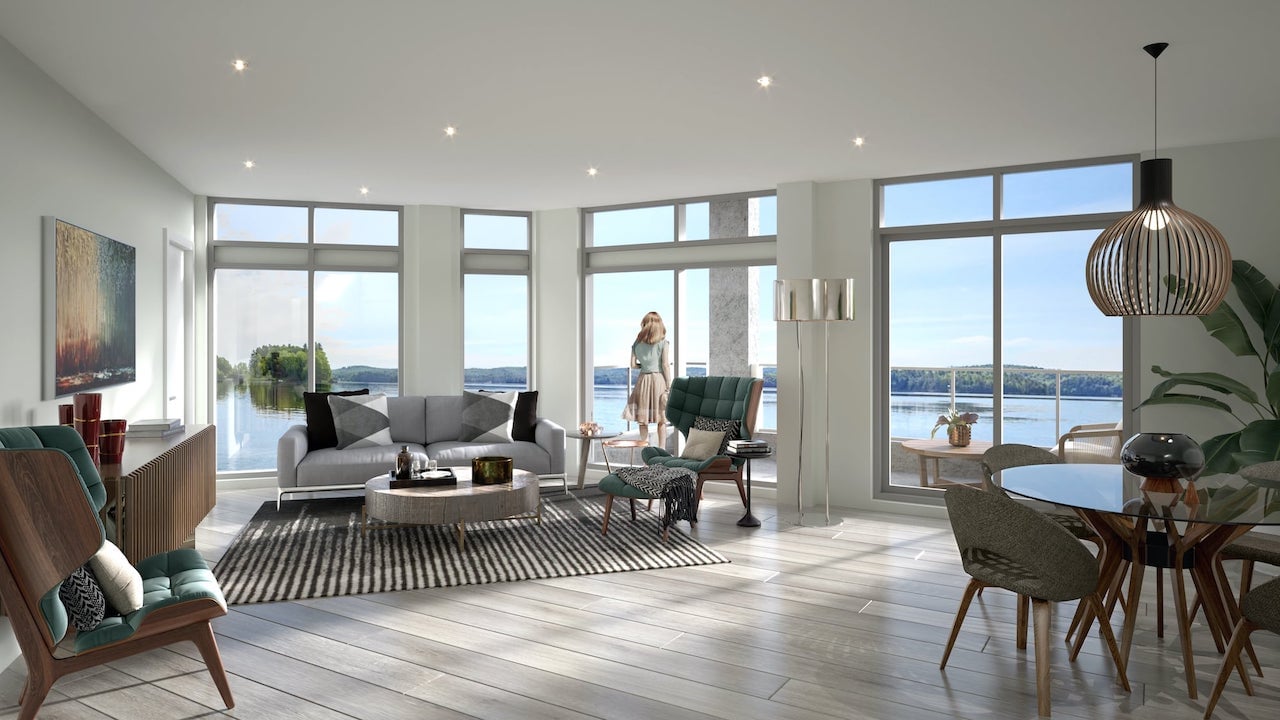 Interior living room of rendering of Lakeside Muskoka Condos