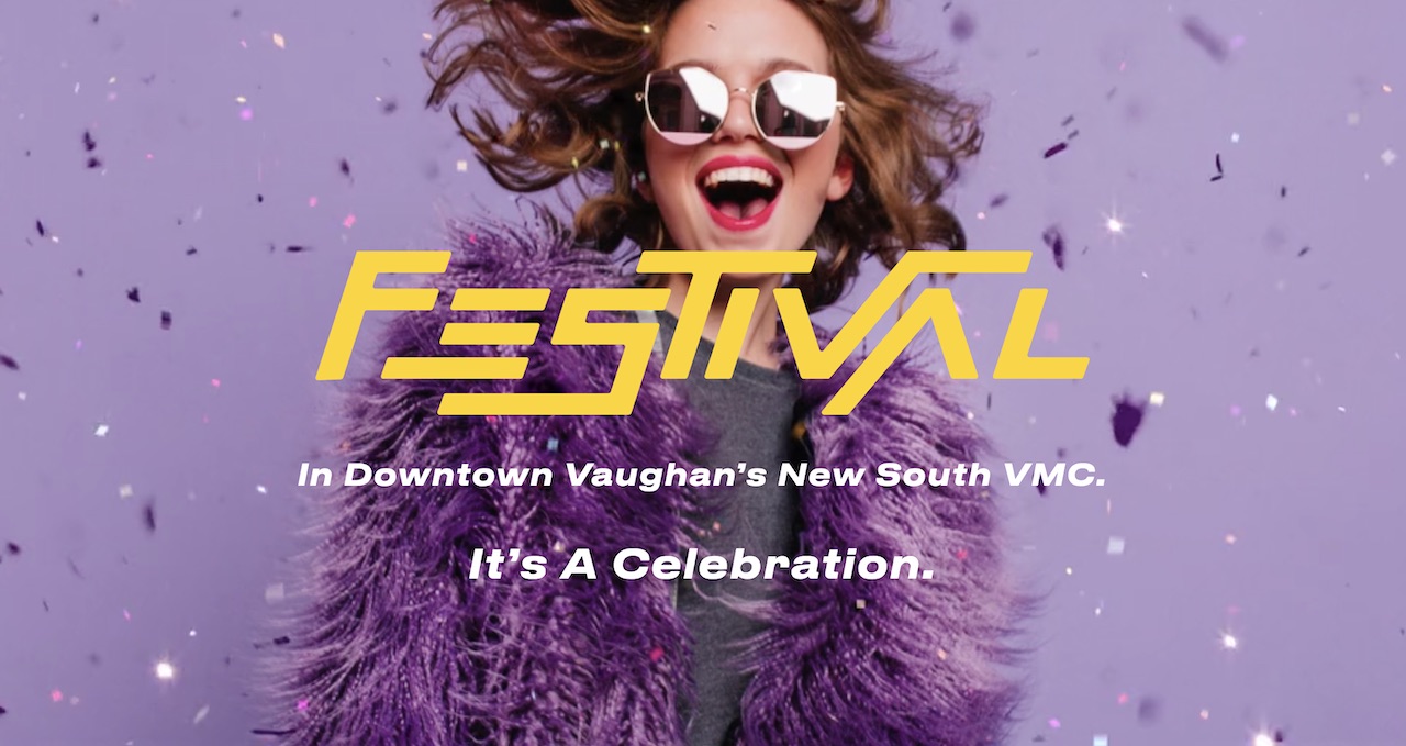 An excited woman in a purple faux-fur coat and purple sunglasses with Festival Condos and Towns logo overlay.