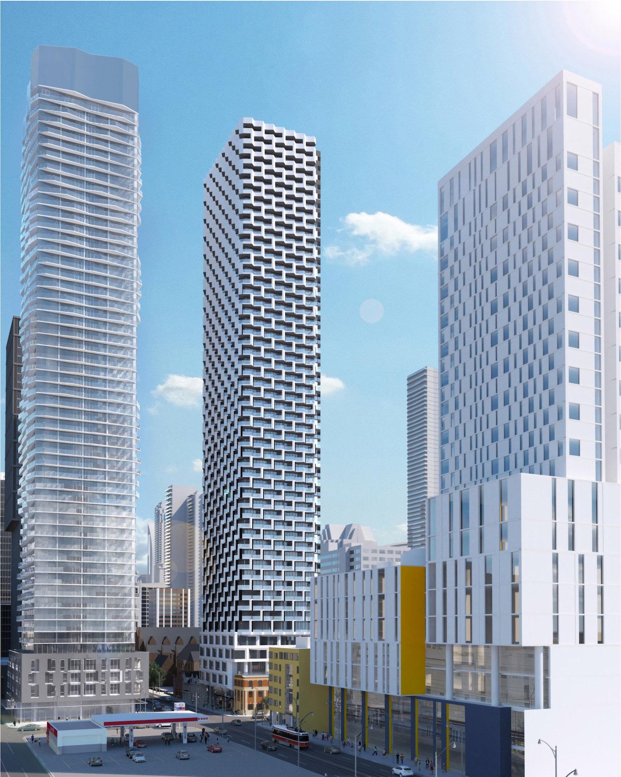 Rendering of 250 Church Condos and surrounding high-rise buildings in Toronto