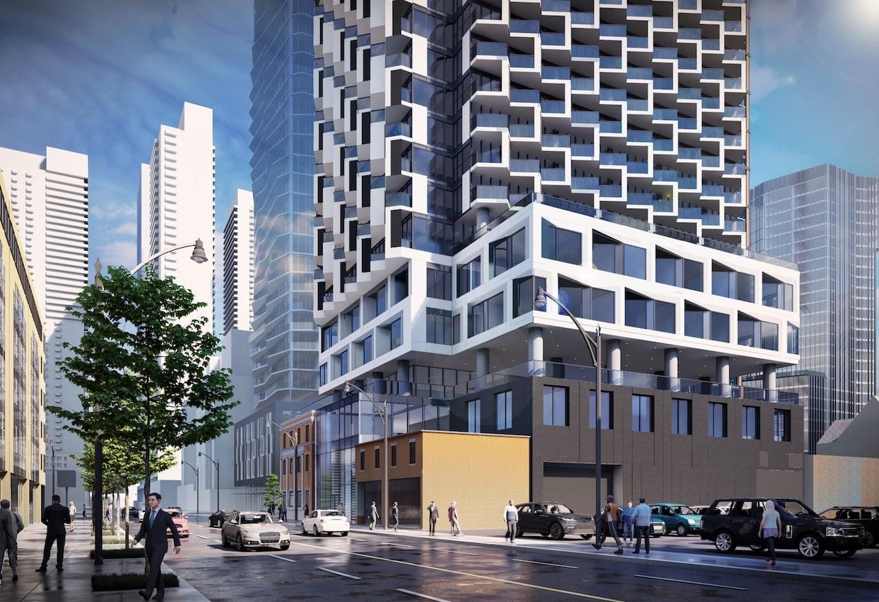 Partial exterior rendering 250 Church Condos and street area.