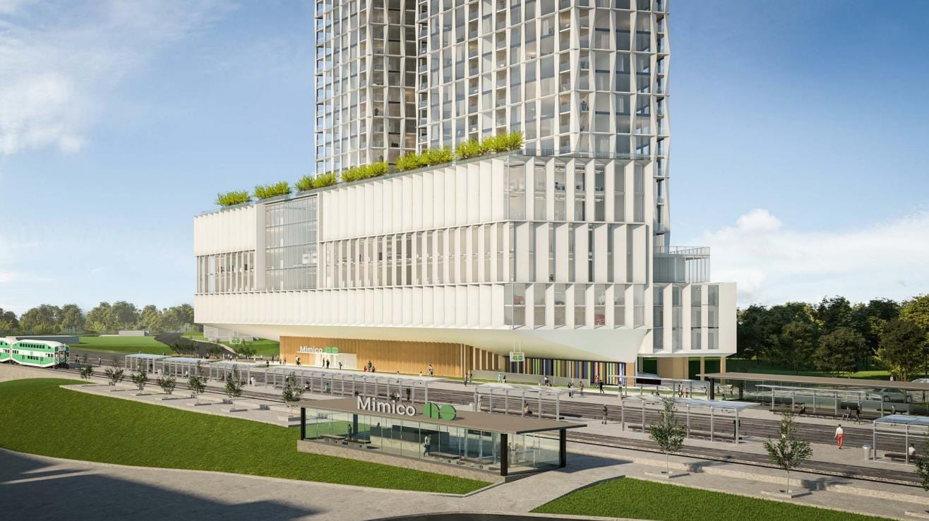 Rendering of 327 Royal York Condos with connection to Mimico train station in Etobicoke.